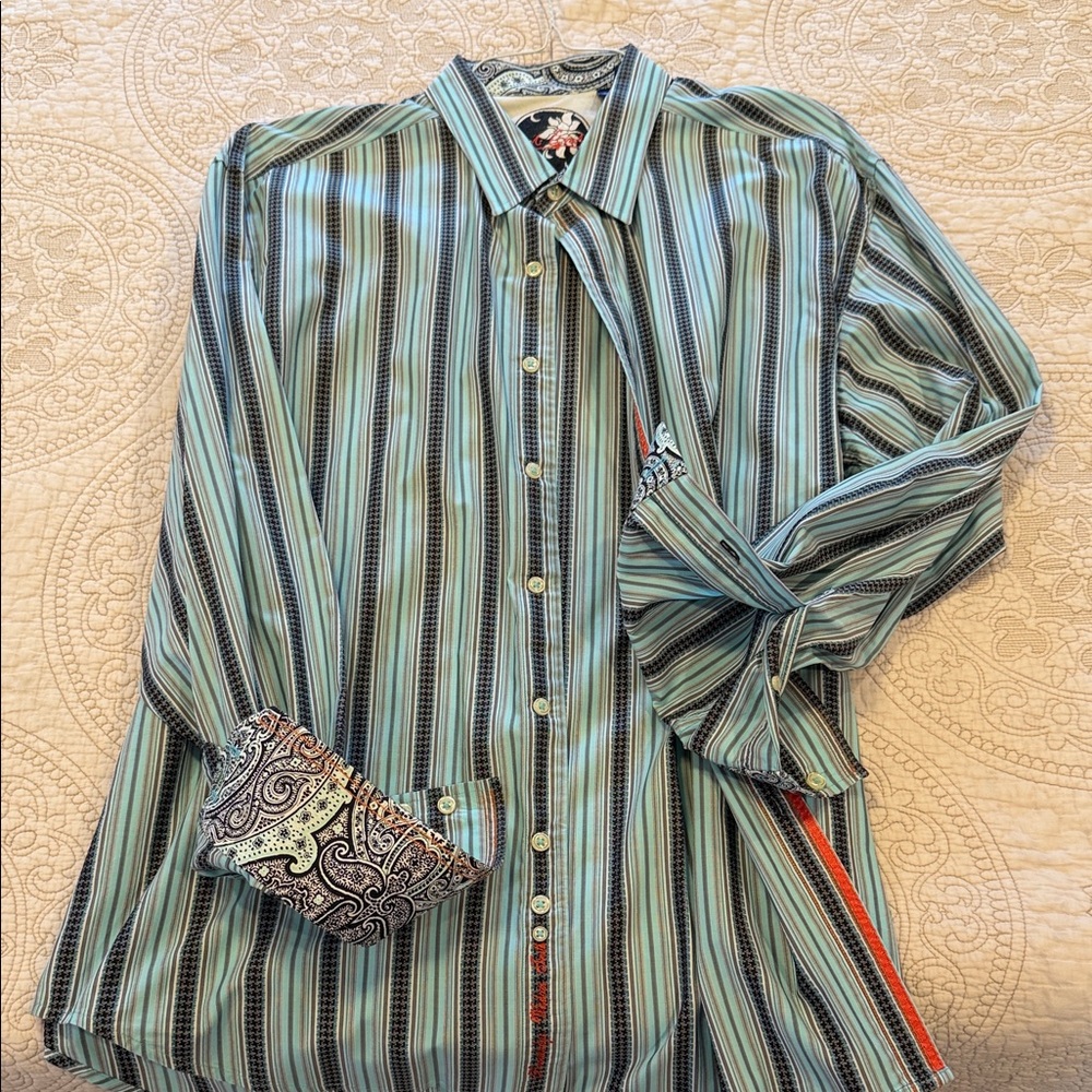 Robert Graham Mens 2XL Green Teal Striped Shirt Paisley Cuffs Flip Cuff